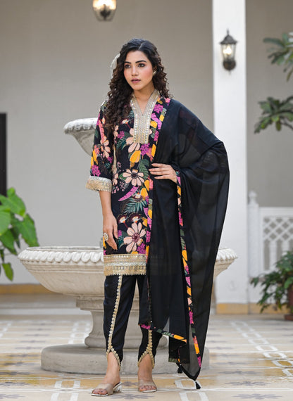 Designer stitched suit with Tulip Pants in all Black colour