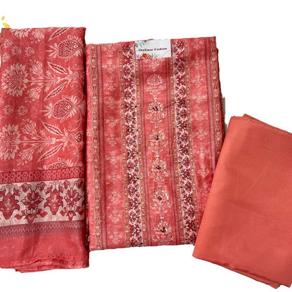 Hand Embroidred Silk Designer unstitched 3 piece suit set