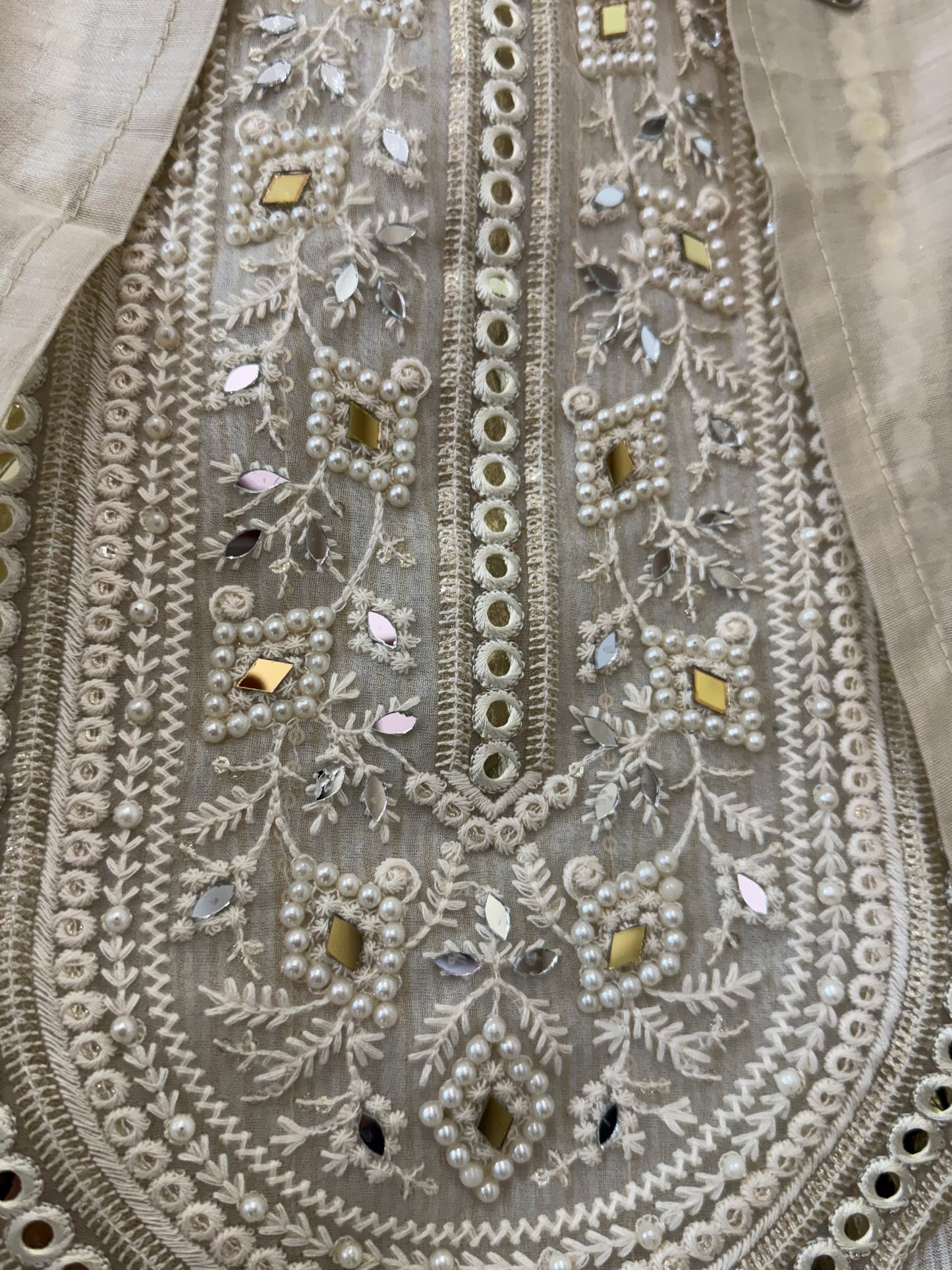 Pure shimmer suit with Pearl work detailing on neck