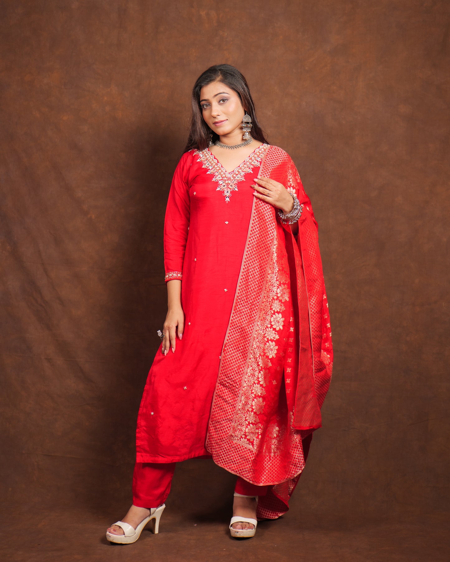 Pure silk suit with hand embroidery on neck and banarasi dupatta