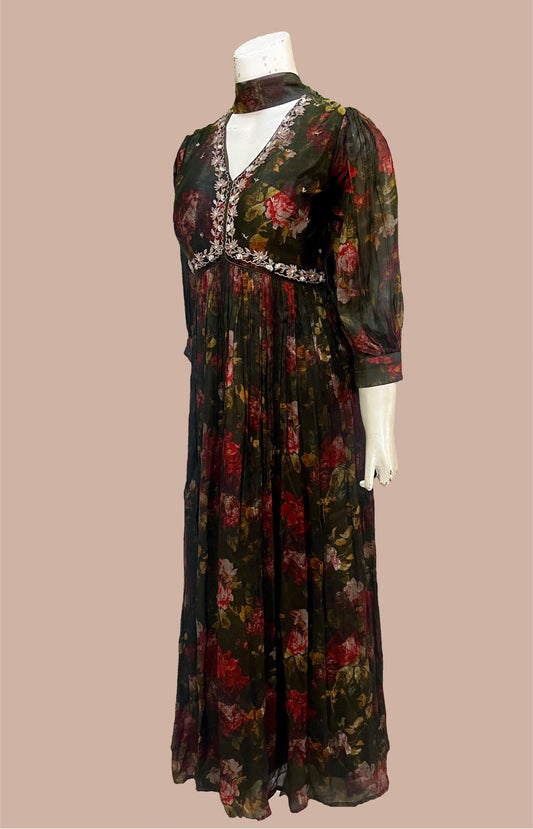 Pure chinon Fully Stitched Long Alia Dress With hand Embroidery on neck