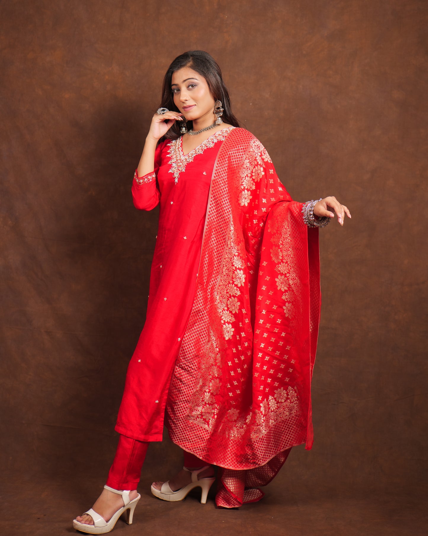 Pure silk suit with hand embroidery on neck and banarasi dupatta