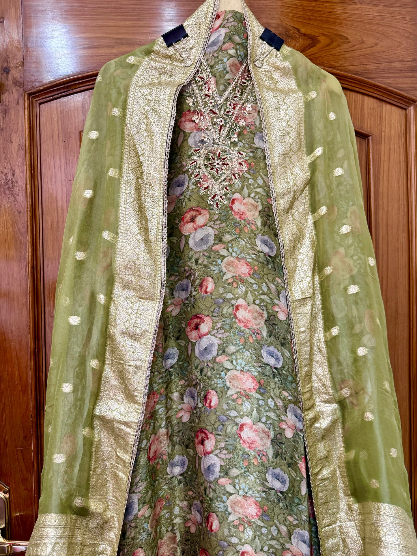 Pure shimmer Mehendi green suit piece with Organza Banarasi dupatta