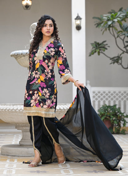 Designer stitched suit with Tulip Pants in all Black colour