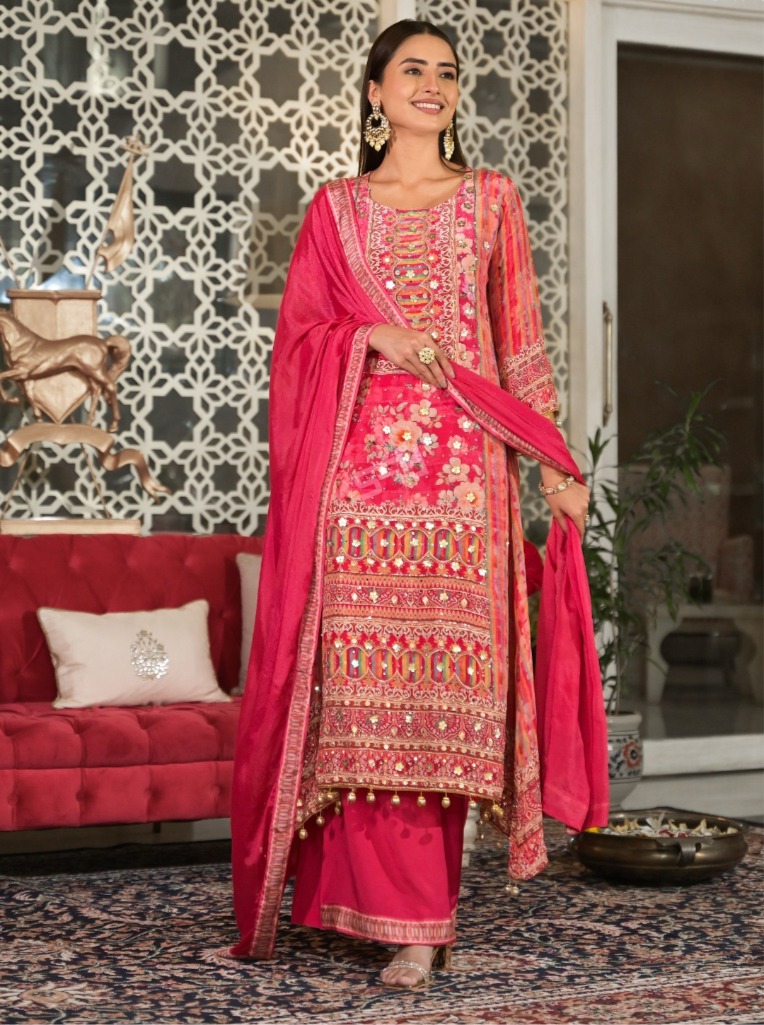 Pure crepe hot pink coloured stitched suit set