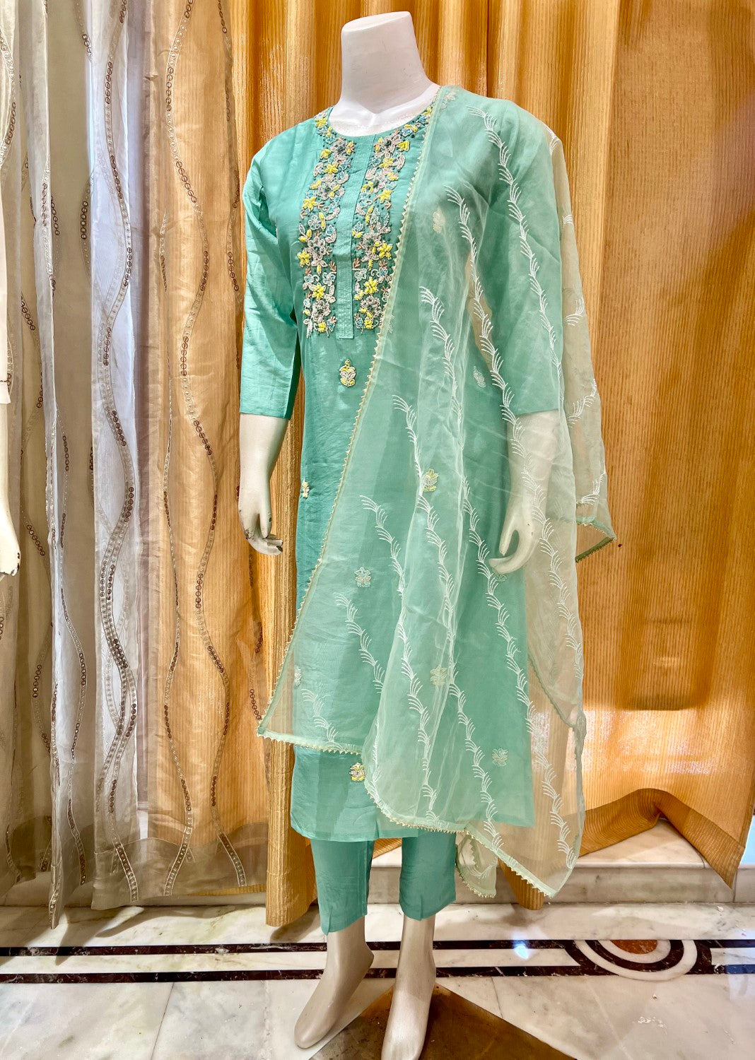 Designer Hand embroidered Straight pant suit set in Sea Green shade with Pearl Detailing