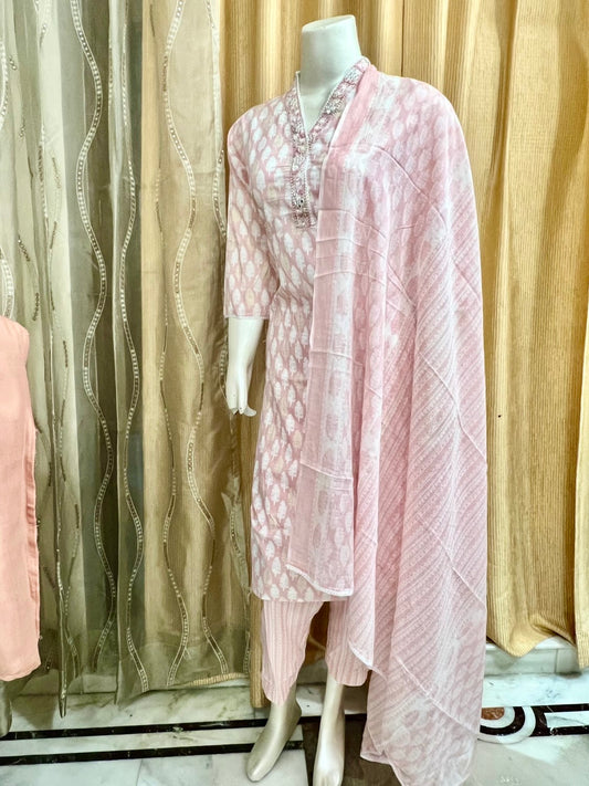 Pure Cotton Fully Stitched Pant Suit in Pastel Pink Shade